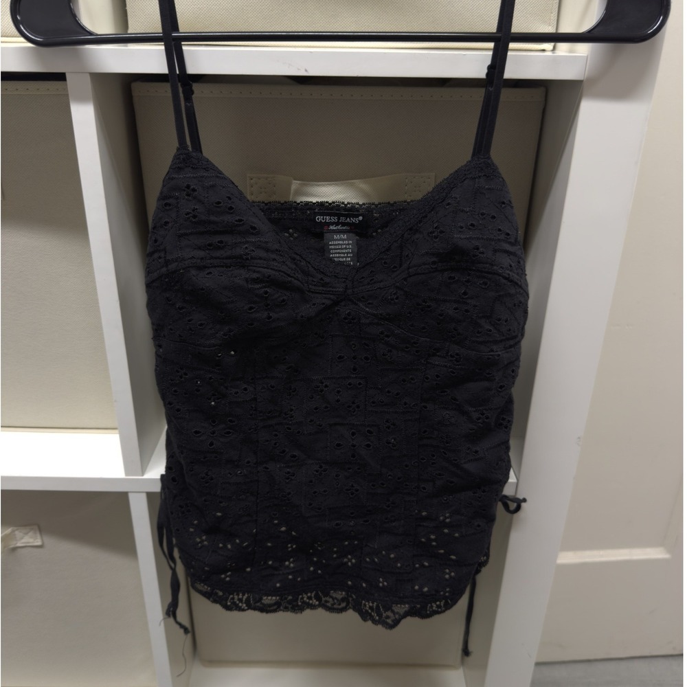 Guess Jeans Black Eyelet Lace Camisole Top Side Cinch Adjustable Straps Size M/M